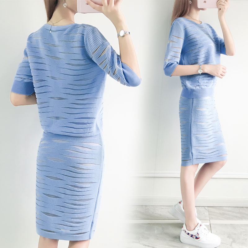 2016秋季女装新款韩版中袖针织显瘦连衣裙时尚两件套包臀套装裙潮