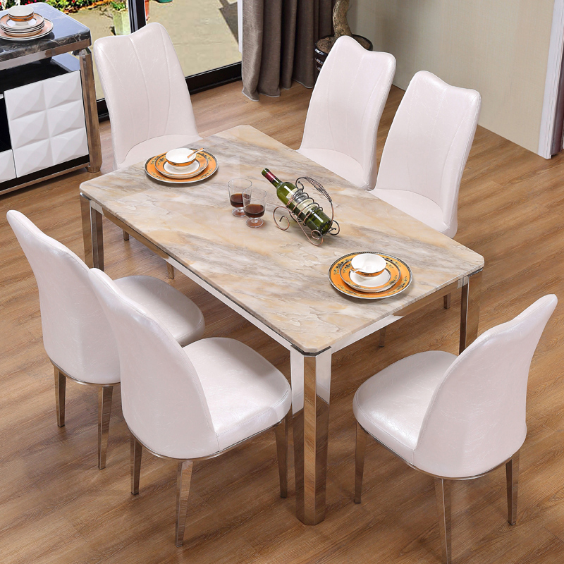 大理石餐桌椅组合6人 长方形家用不锈钢饭桌 小户型现代简约餐台折扣优惠信息