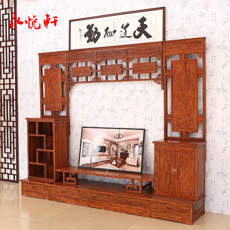 红木仿古家具非洲黄花梨木电视背景墙 中式实木电视柜 展示柜储物