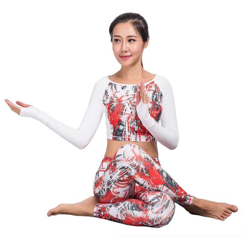 心生爱恋2016年春夏新款瑜伽服时尚印花紧身健身服优雅长袖套装