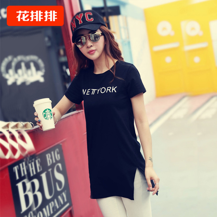 韩版夏季中长款短袖T恤女装大码宽松半袖字母体恤不规则开叉显瘦