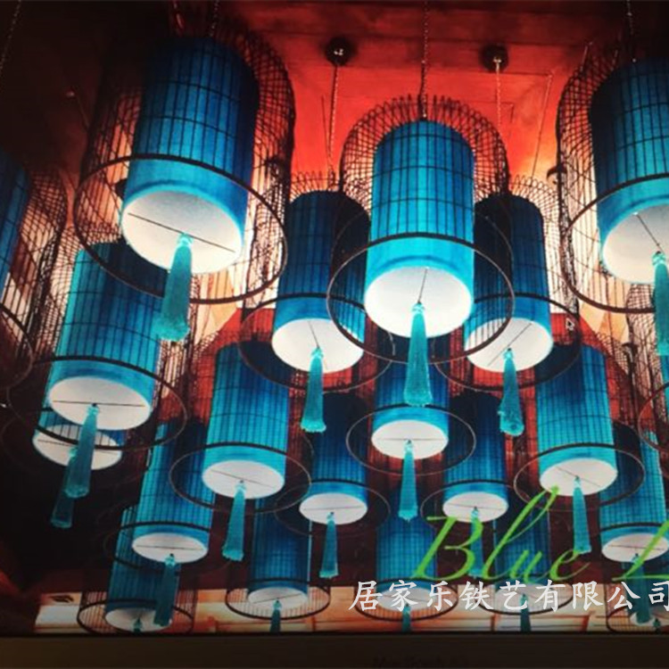 新中式铁艺蓝色鸟笼灯餐厅创意装饰灯酒店大堂吊灯茶楼灯具灯饰折扣优惠信息