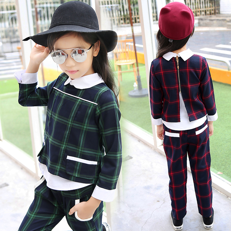童装女童秋装套装2016新款儿童韩版格子套装中大童女娃娃衫两件套折扣优惠信息