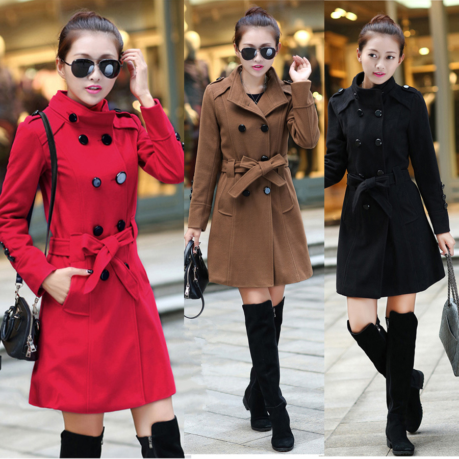 蘑菇街秋冬天新款韩版甜美时尚淑女气质修身中长款羊毛呢风衣外套