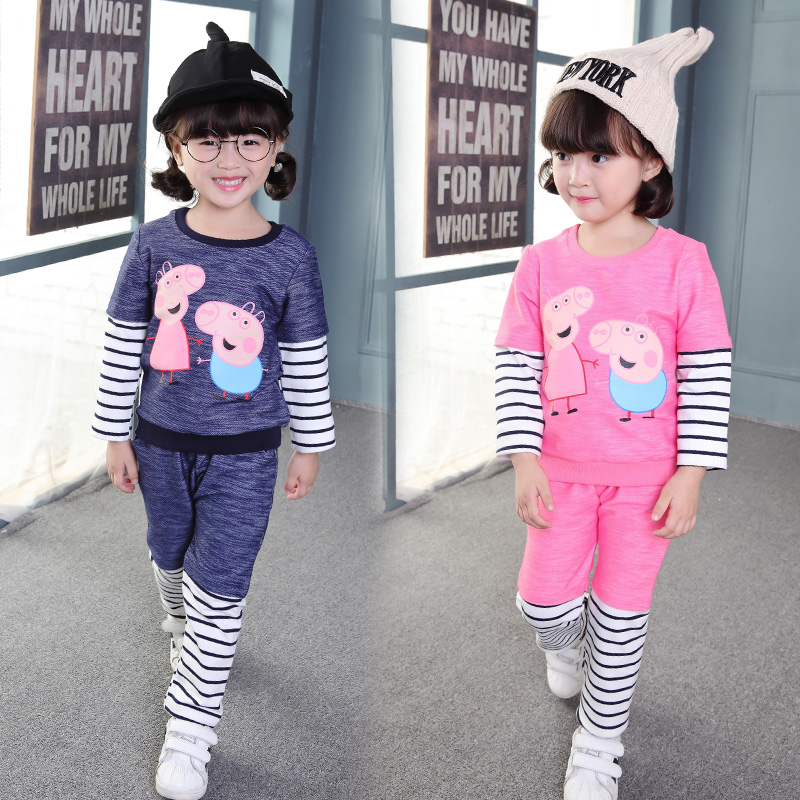 女童套装2016秋装新款韩版儿童男女宝宝春秋款条纹拼接卡通两件套