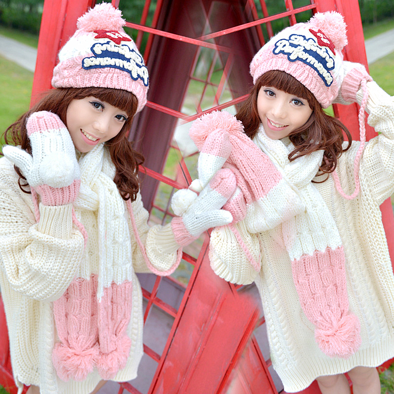 冬季女韩版潮毛线帽子围巾手套三件套装一体加绒加厚保暖生日礼物折扣优惠信息