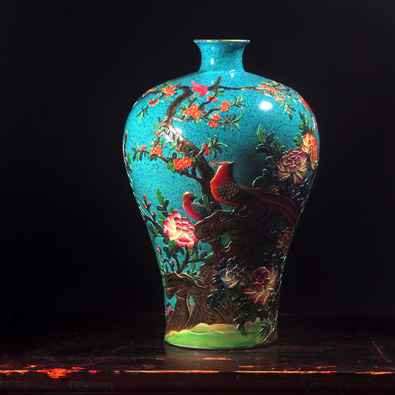 景德镇陶瓷器花瓶摆件 明清仿古珐琅彩雕刻花鸟居家装饰