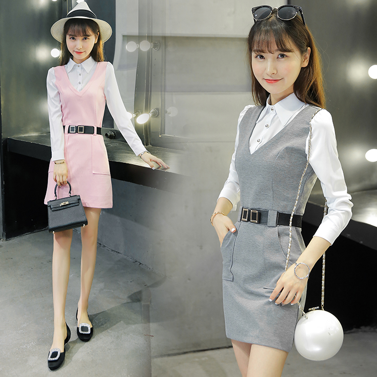 2016秋季新款长袖韩版修身时尚气质拼接假两件连衣裙子女套装