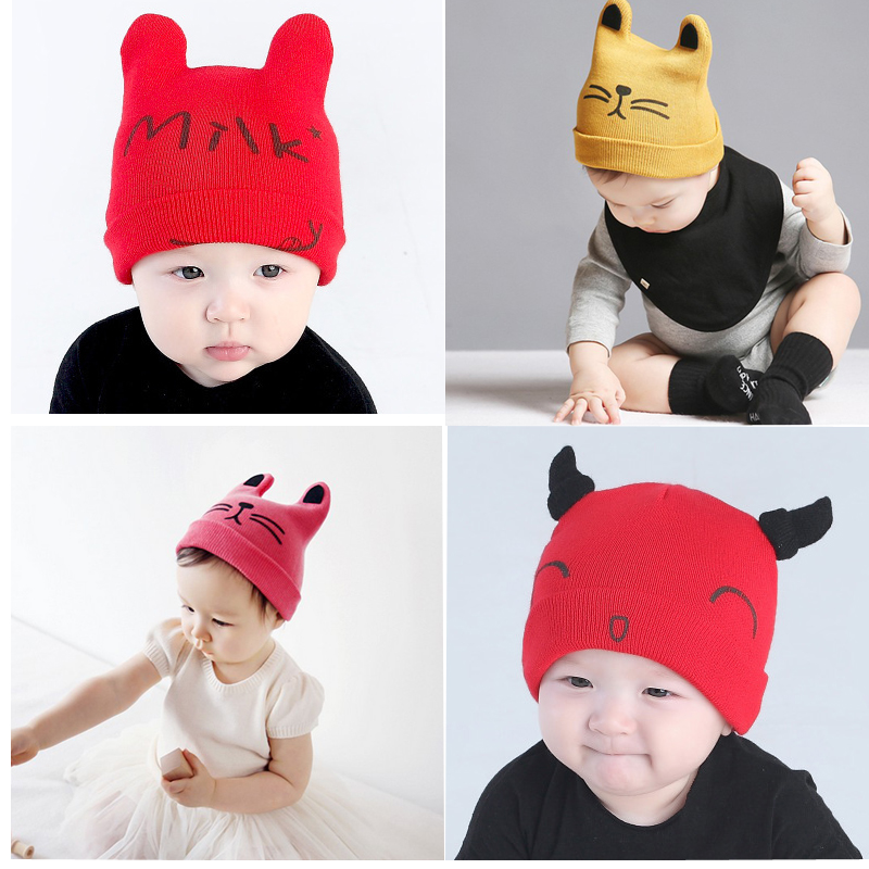 韩版儿童卡通针织帽子春秋冬婴儿毛线帽套头帽宝宝刺绣猫咪保暖帽