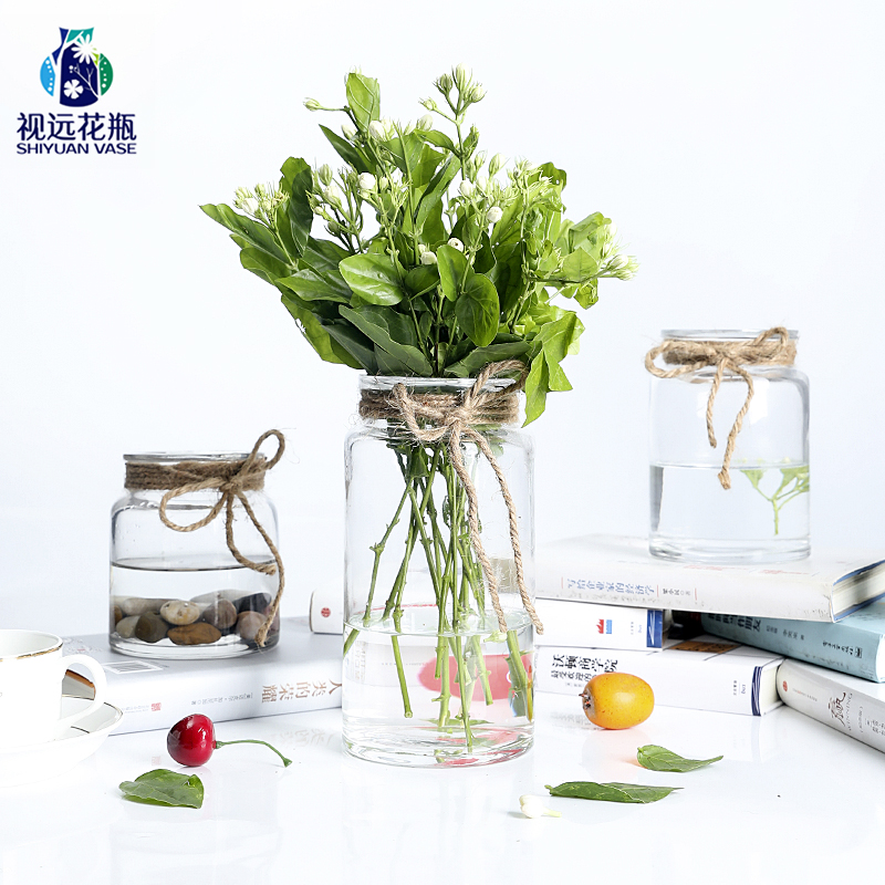 简约现代玻璃花瓶收口透明摆件水培插花干花文艺装饰麻绳平口花瓶