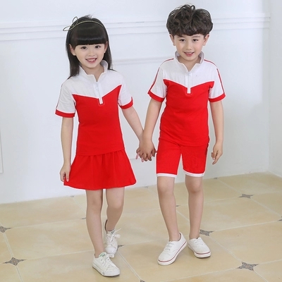 幼儿园园服夏装幼儿园校服夏装短袖红白色拼接小学生校服批发定做