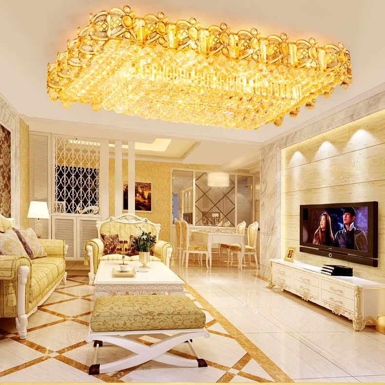 欧式客厅大灯大气豪华金色长方形大厅餐厅卧室变色水晶吸顶灯具