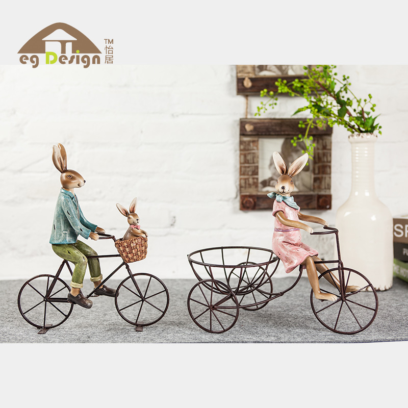 美式乡村田园风家居饰品客厅工艺品创意树脂铁艺兔子骑车动物摆件