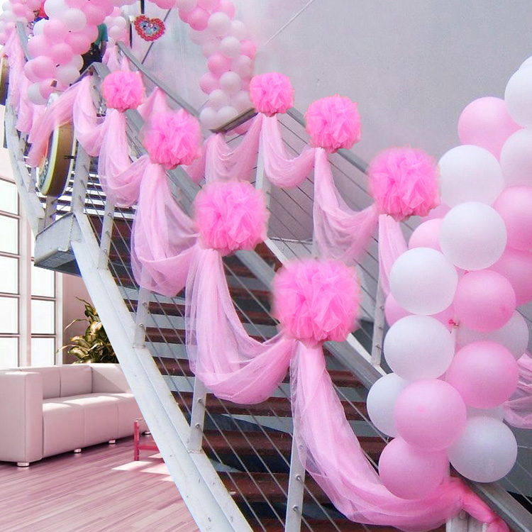 楼梯纱幔花球装饰结婚房间布置浪漫装扮纱球拉花婚庆用品粉色扶梯