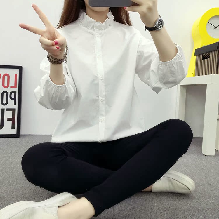 韩版女装立领白色打底衫泡泡袖大码显瘦长袖衬衫潮学生上衣秋装折扣优惠信息