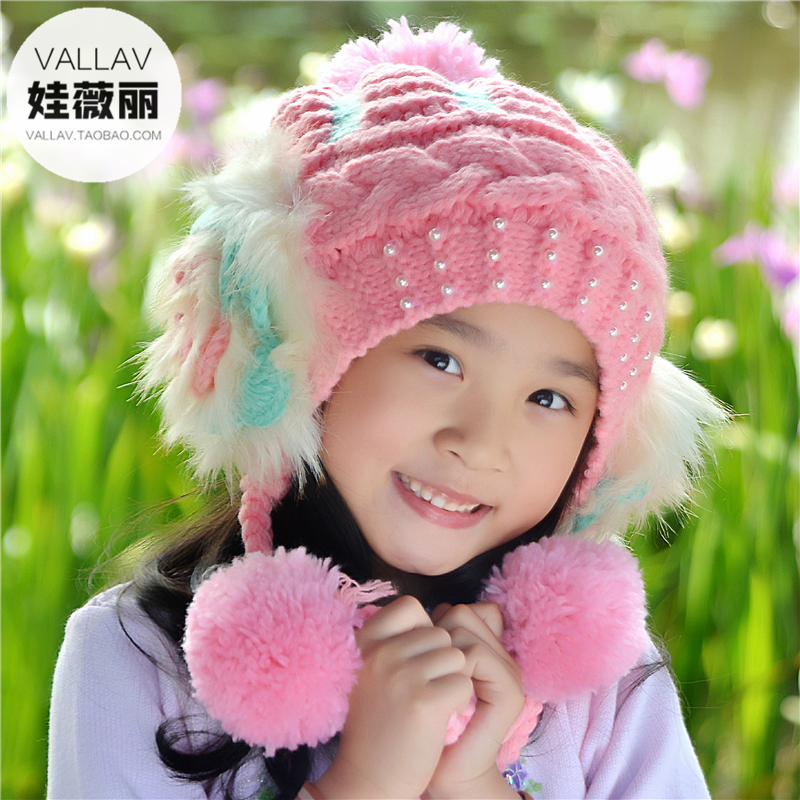 韩版潮儿童帽子冬季女童加绒毛线帽冬天可爱针织帽宝宝护耳帽球球