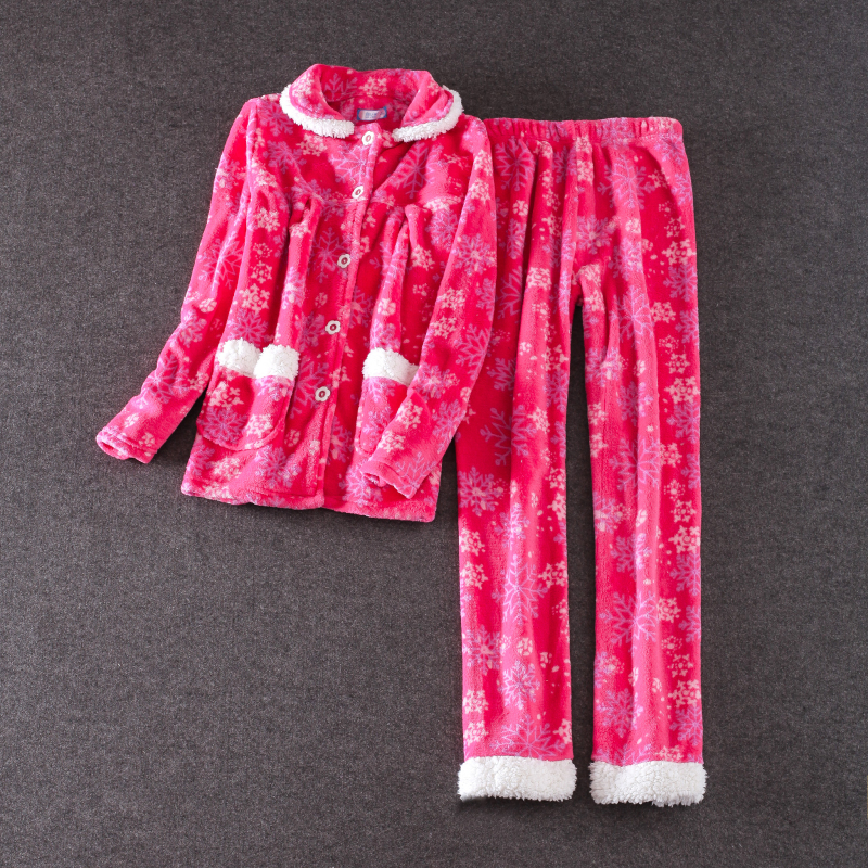 秋冬女装新品 甜美雪花珊瑚绒舒适家居服套装睡衣套装