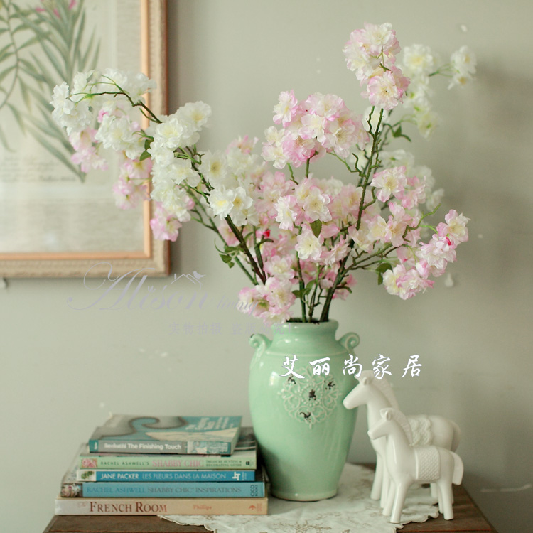 艾丽尚/高端家居花艺 玉色陶瓷花瓶配白色粉色樱花 欧式装饰绢花折扣优惠信息