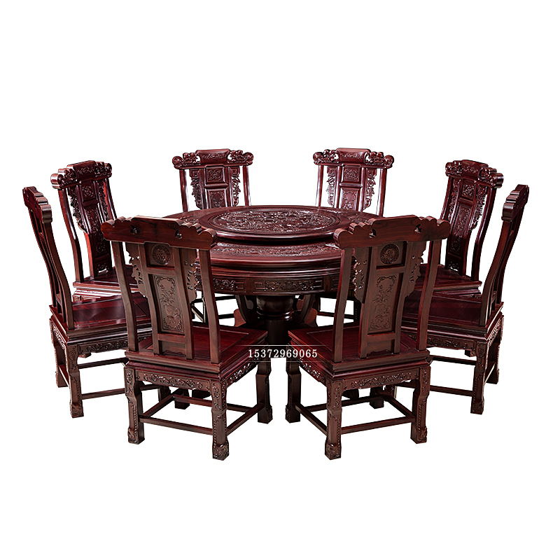 非洲酸枝木餐桌圆桌 红木餐桌 雕花明清仿古旋转餐厅餐桌椅组合