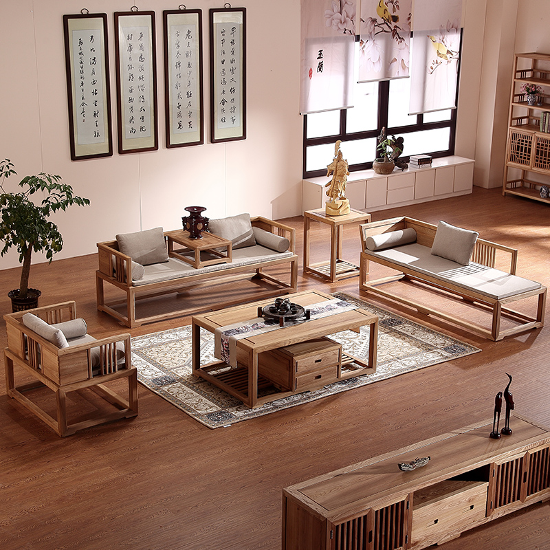 新中式实木家具 榆木免漆禅意新古典明清仿古沙发组合联邦罗汉床