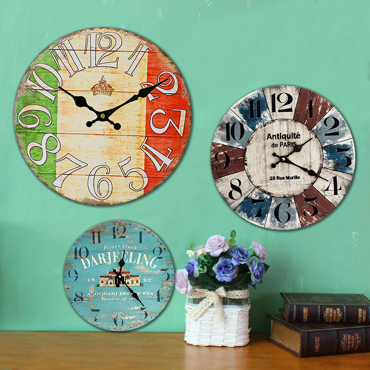 淘宝厂家欧式田园木质挂钟复古怀旧木纹图案时钟创意钟表一件代发