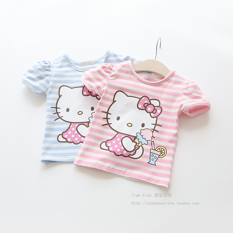女童纯棉T恤短袖夏季 2016新款儿童猫咪印花条纹打底衫 宝宝半袖