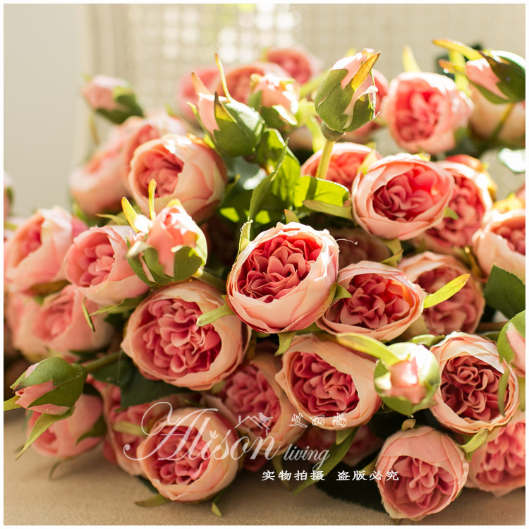 欧式客厅花艺 重瓣月季 高仿真玫瑰花束 5头绢花 家居装饰花艺