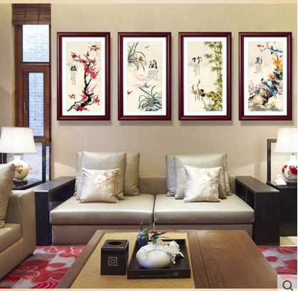 客厅装饰画四联沙发背景墙壁挂画梅兰竹菊现代中式书房实木有框画