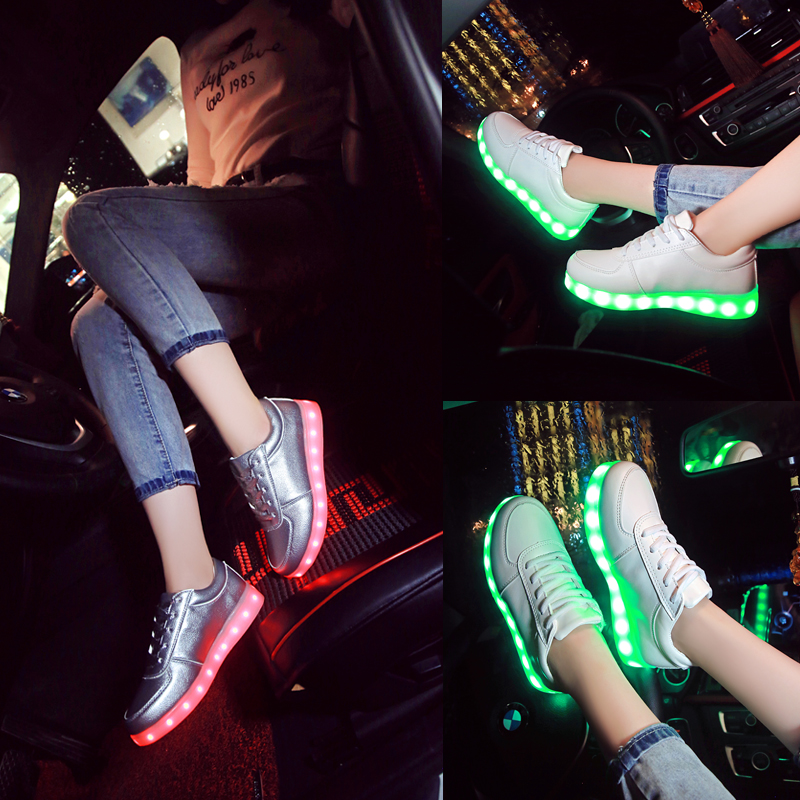 夏季情侣七彩发光鞋夜光鞋男女荧光鞋USB充电LED灯光透气休闲板鞋