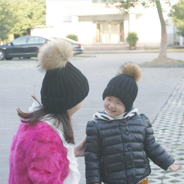 韩版卷边针织宝宝帽超大貉子真毛球儿童帽子秋冬母女亲子帽2-10岁