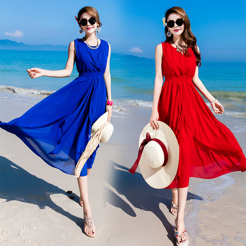 夏季甜美雪纺大摆连衣裙飘逸纯色度假沙滩裙气质无袖优雅仙女长裙