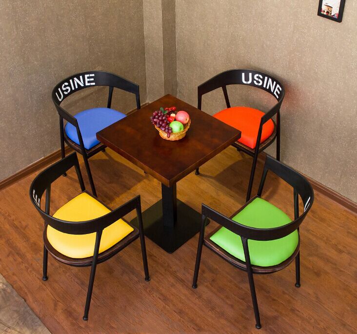 包邮彩色方桌茶几阳台桌椅铁艺餐椅美式复古咖啡厅餐桌酒吧实木