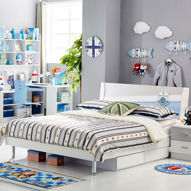 青少年床男孩床高箱带抽储物床现代简约床蓝色烤漆床