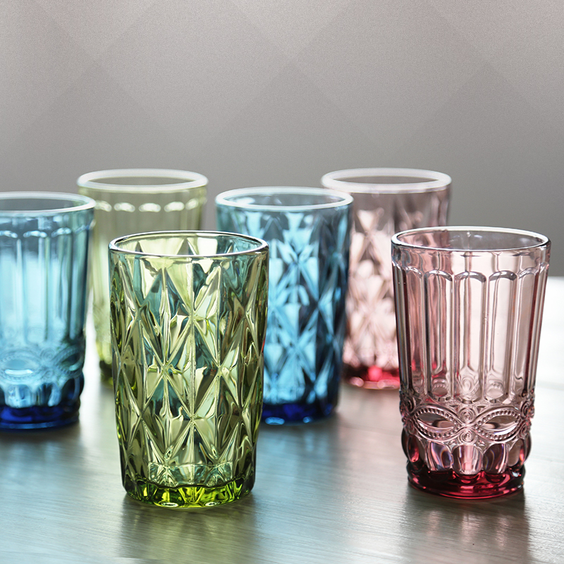 复古浮雕水杯玻璃杯子家用加厚耐热创意果汁杯水杯饮料杯玻璃杯