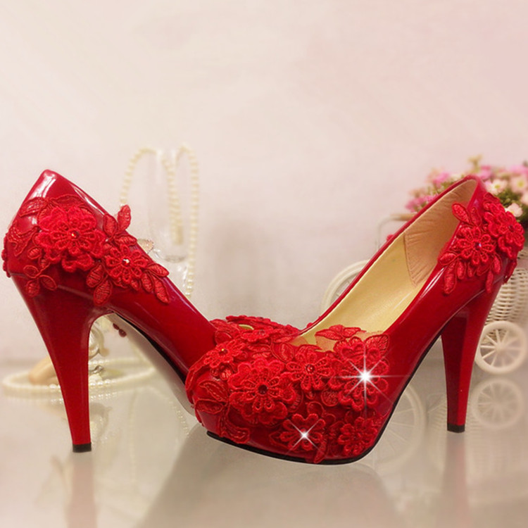 韩国蕾丝花朵红色婚鞋超高跟防水台夜店演出手工新娘拍照水钻女鞋