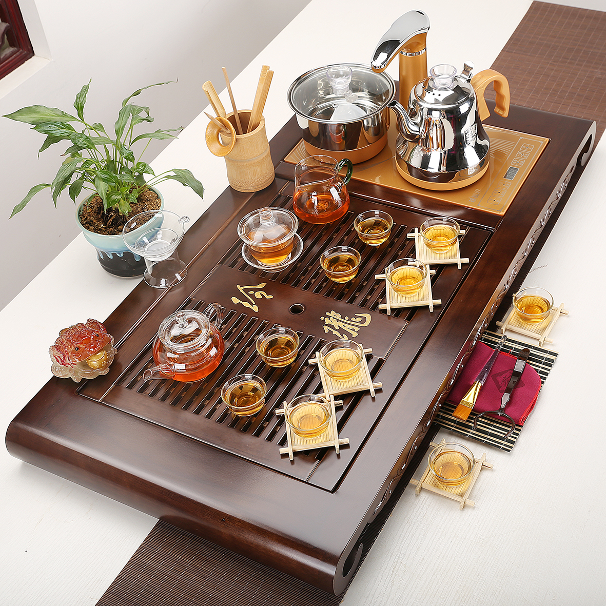喝茶茶具套装功夫紫砂茶具带实木茶盘茶台整套四合一全自动电磁炉