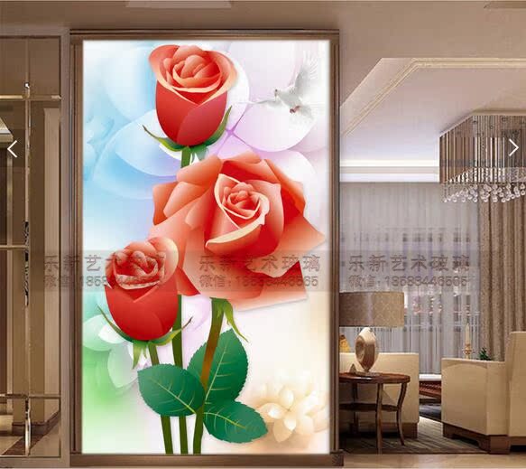艺术玻璃雕刻电视背景墙玄关过道鞋柜装饰玻璃深雕钢化玻璃玫瑰花