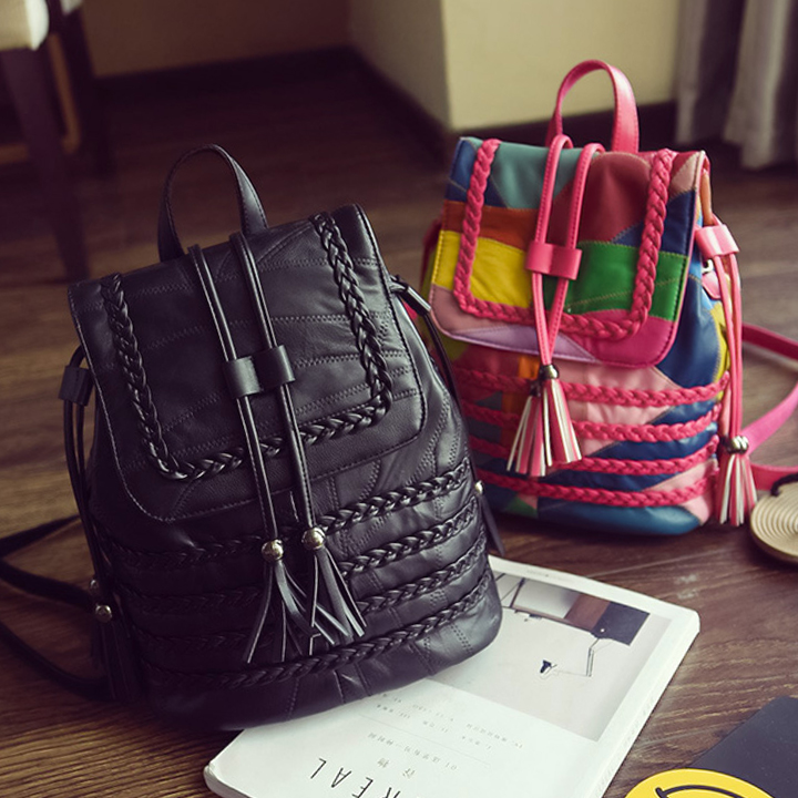 时尚羊皮女包日韩版2016新款双肩包学院风书包大容量旅行包包背包