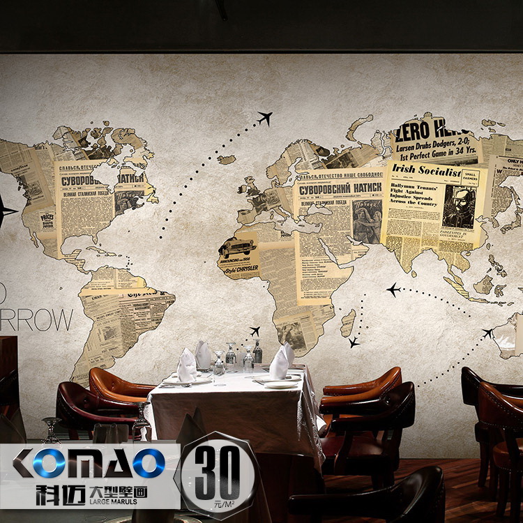 3D复古世界地图中国地图报纸墙纸餐厅咖啡厅奶茶店酒吧KTV壁纸