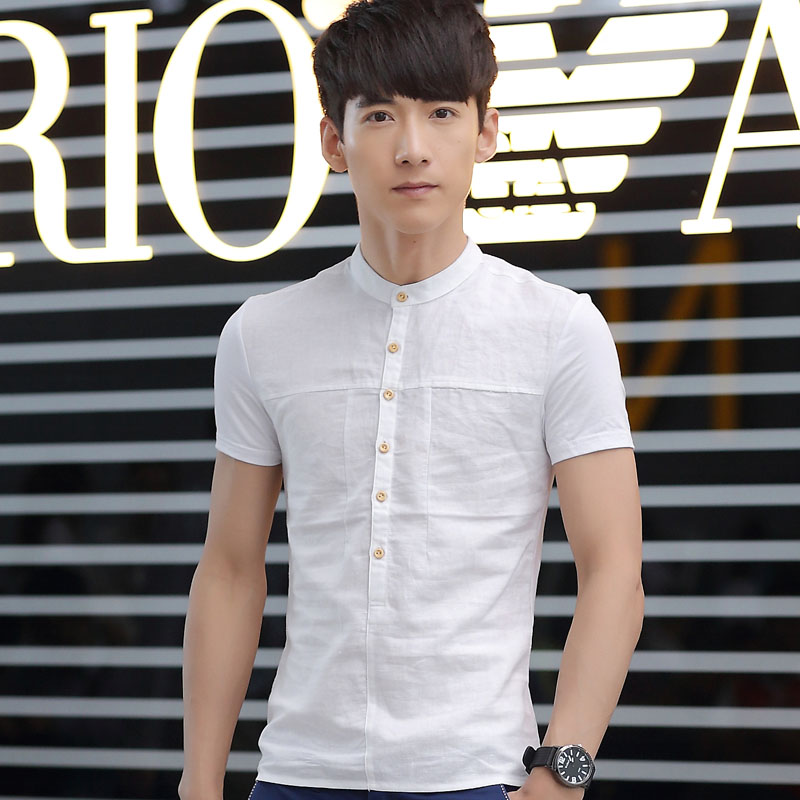 亚麻棉麻衬衫男短袖夏季韩版修身型半袖衬衣麻布麻料上衣服潮薄款