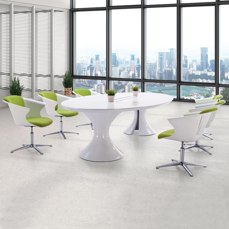 时尚白色椭圆形烤漆会议桌个性贴实木皮胡桃色会议室桌现代谈判桌