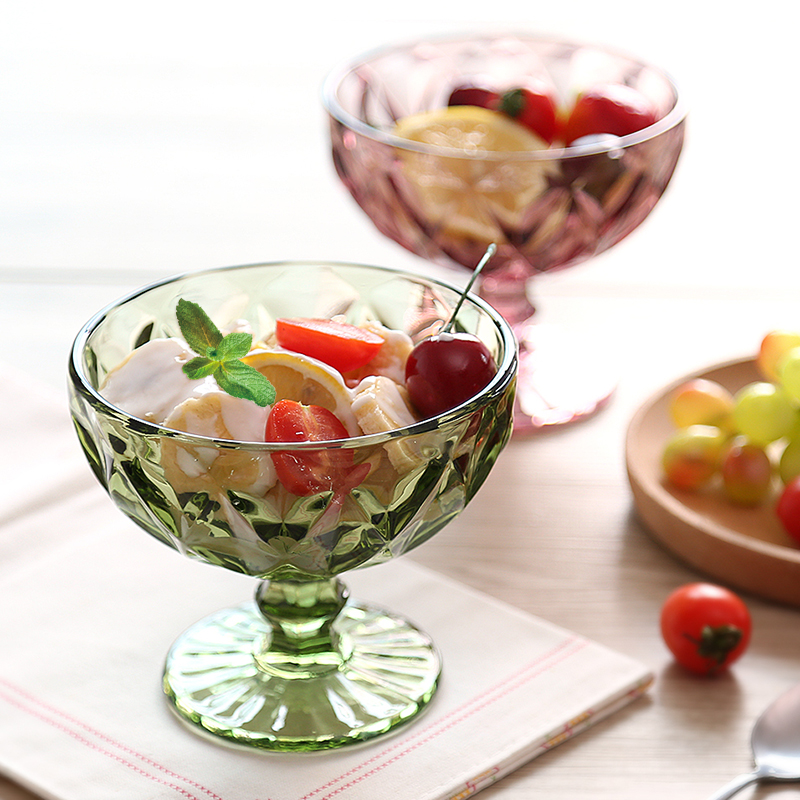 欧式玻璃冰淇淋碗甜品碗创意沙拉碗高脚奶昔杯沙冰碗浮雕冰激凌杯