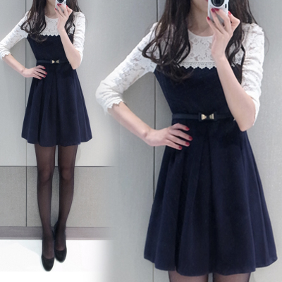 2016秋季新款韩版女装中长款七分袖圆领蕾丝修身显瘦打底连衣裙潮
