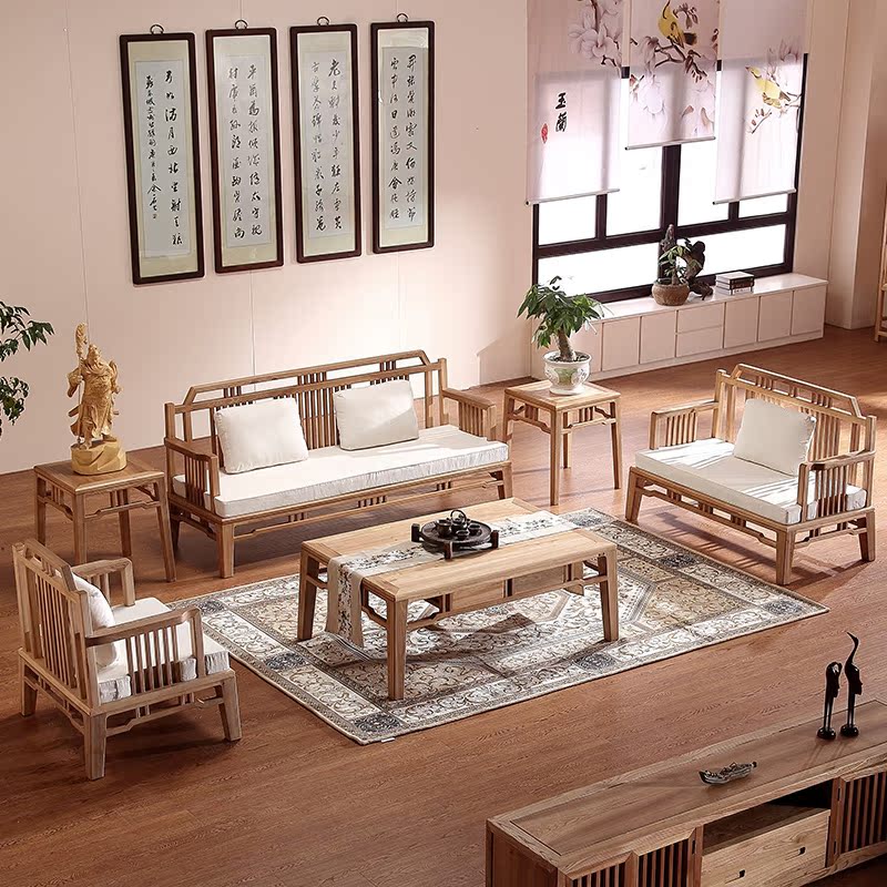 新中式实木家具 榆木免漆禅意新古典明清仿古沙发组合联邦罗汉床折扣优惠信息