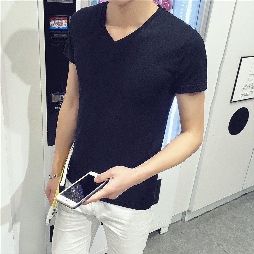 纯色大码青少年韩版修身V领短袖t恤男士夏季运动打底衫潮男装小衫