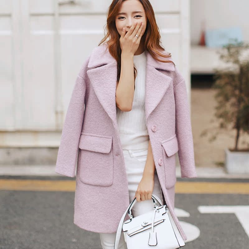 2016秋冬装新款韩版宽松显瘦中长款羊毛呢子大衣西装领毛呢外套女