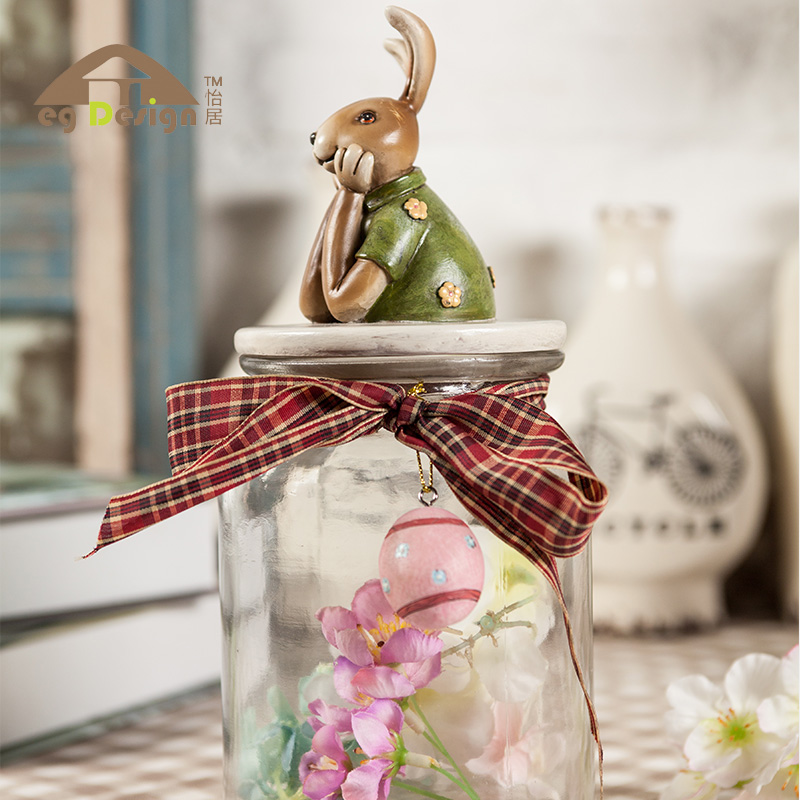 创意树脂兔子玻璃罐收纳 美式乡村家居工艺品 客厅饰品怀旧摆件