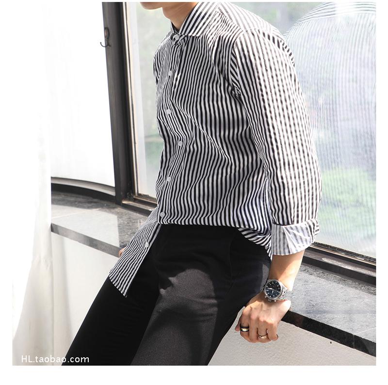 韩国设计师款简约竖条纹长袖衬衫日系复古青少年学院风百搭衬衣男