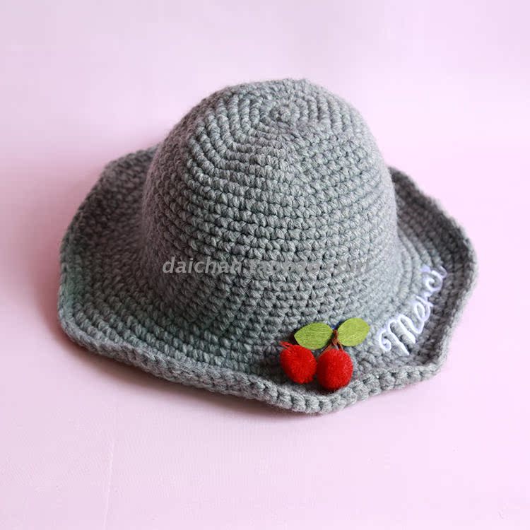 韩版甜美可爱樱桃手工粗毛线针织渔夫盆帽 保暖毛线帽