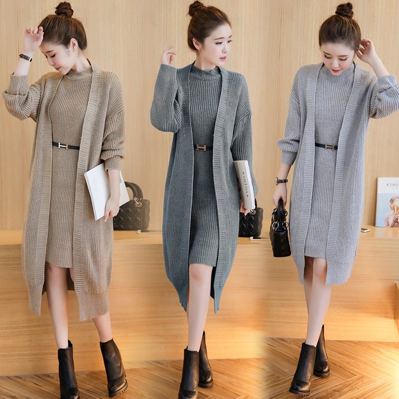 2016秋装新款女装韩版长袖开衫针织连衣裙两件套中长款毛衣外套女